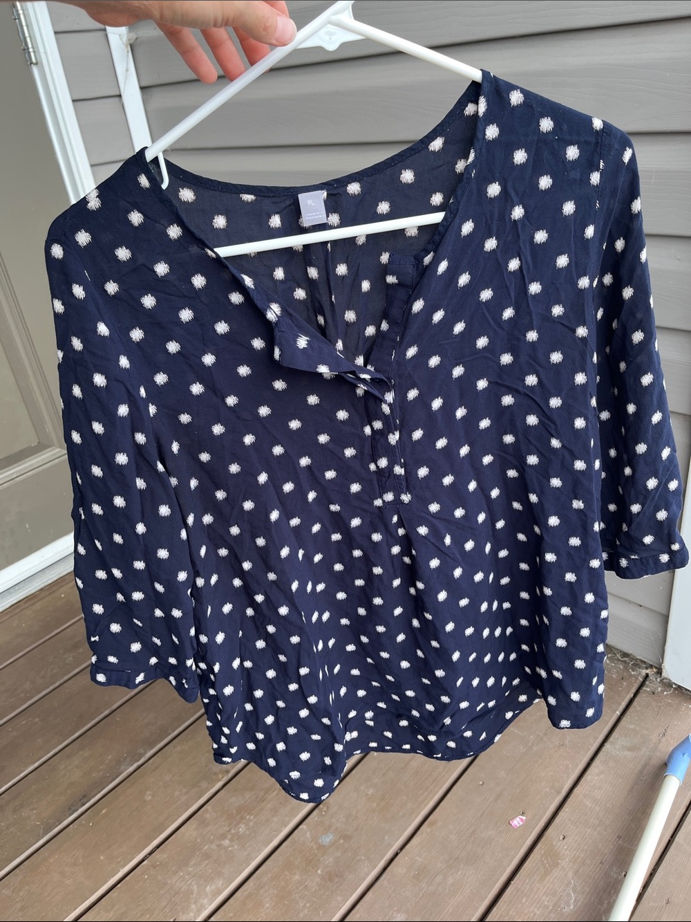Navy Polka Dot split neck henley Blouse - Lightweight 3/4 Sleeve Top. Petite L